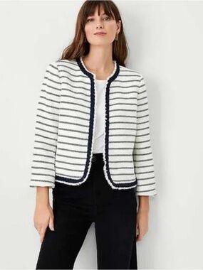 NWT- Size 2 Ann Taylor Tweed Jacket with Navy Trim and Stripes